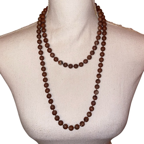 Brown Wood Beaded Necklace, Hand Knotted Approximately 46”-48” Total Strand BRN - Picture 1 of 4